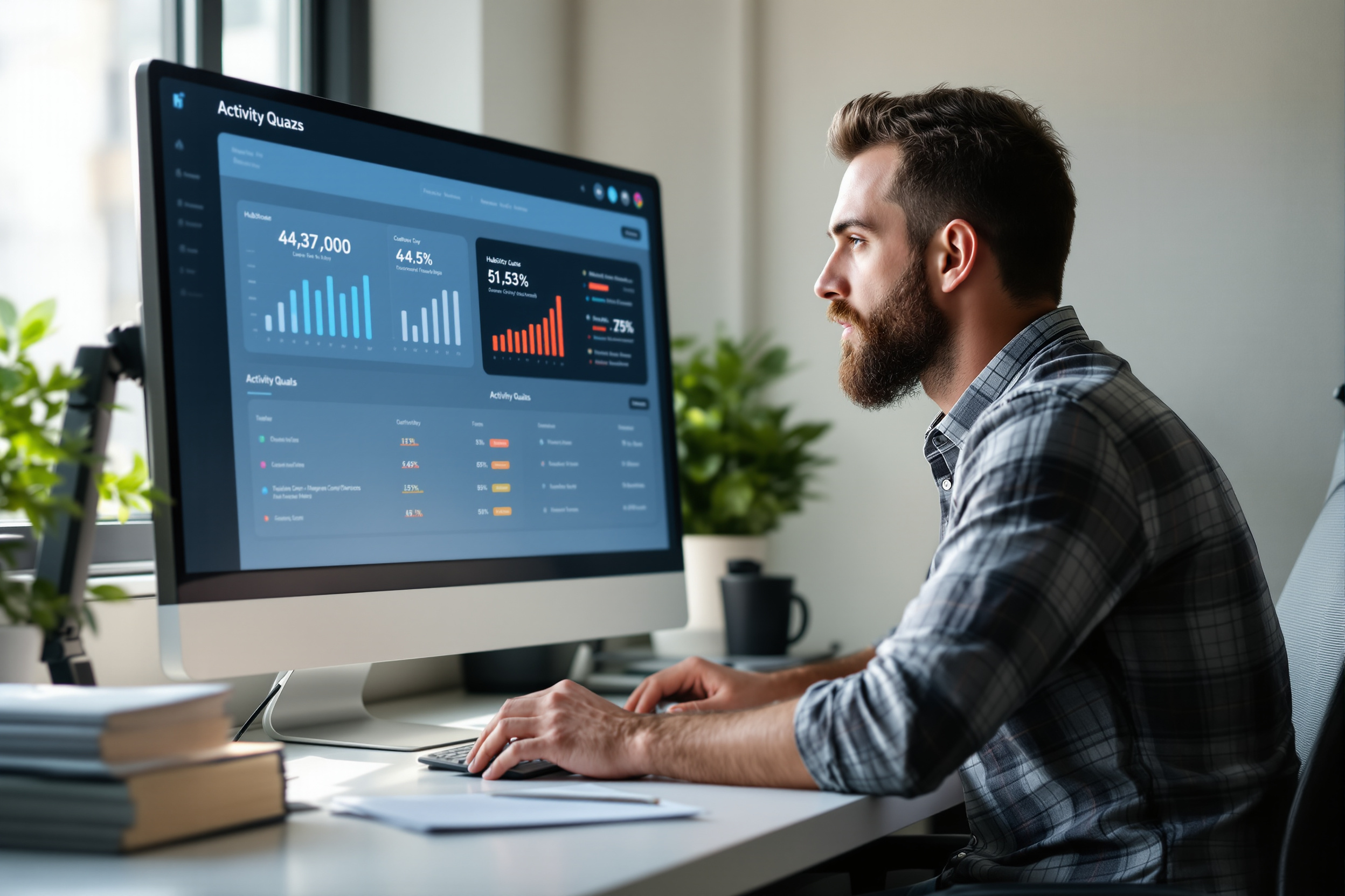 Vertriebsleiter prüft Aktivitätsquoten in HubSpot in modernem Büro Vertriebsleiter prüft Aktivitätsquoten in HubSpot in modernem Büro