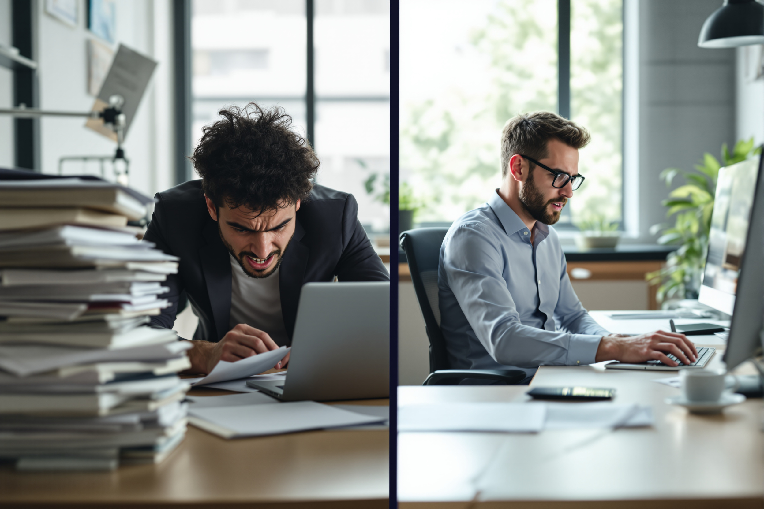 Vertriebsteam zeigt Kontrast zwischen manueller Dateneingabe und automatischer LinkedIn‑zu‑HubSpot‑Synchronisation. Vertriebsteam zeigt Kontrast zwischen manueller Dateneingabe und automatischer LinkedIn‑zu‑HubSpot‑Synchronisation.