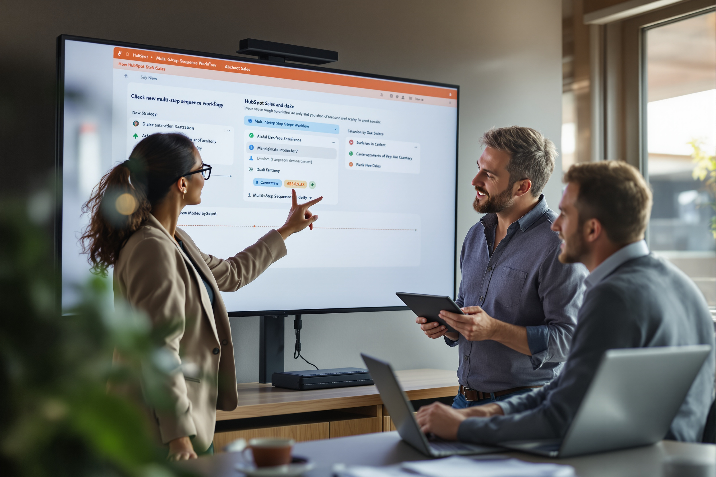 B2B‑Vertriebsteam arbeitet in modernem Büro an HubSpot‑Multi‑Step‑Sequenz‑Strategie B2B‑Vertriebsteam arbeitet in modernem Büro an HubSpot‑Multi‑Step‑Sequenz‑Strategie