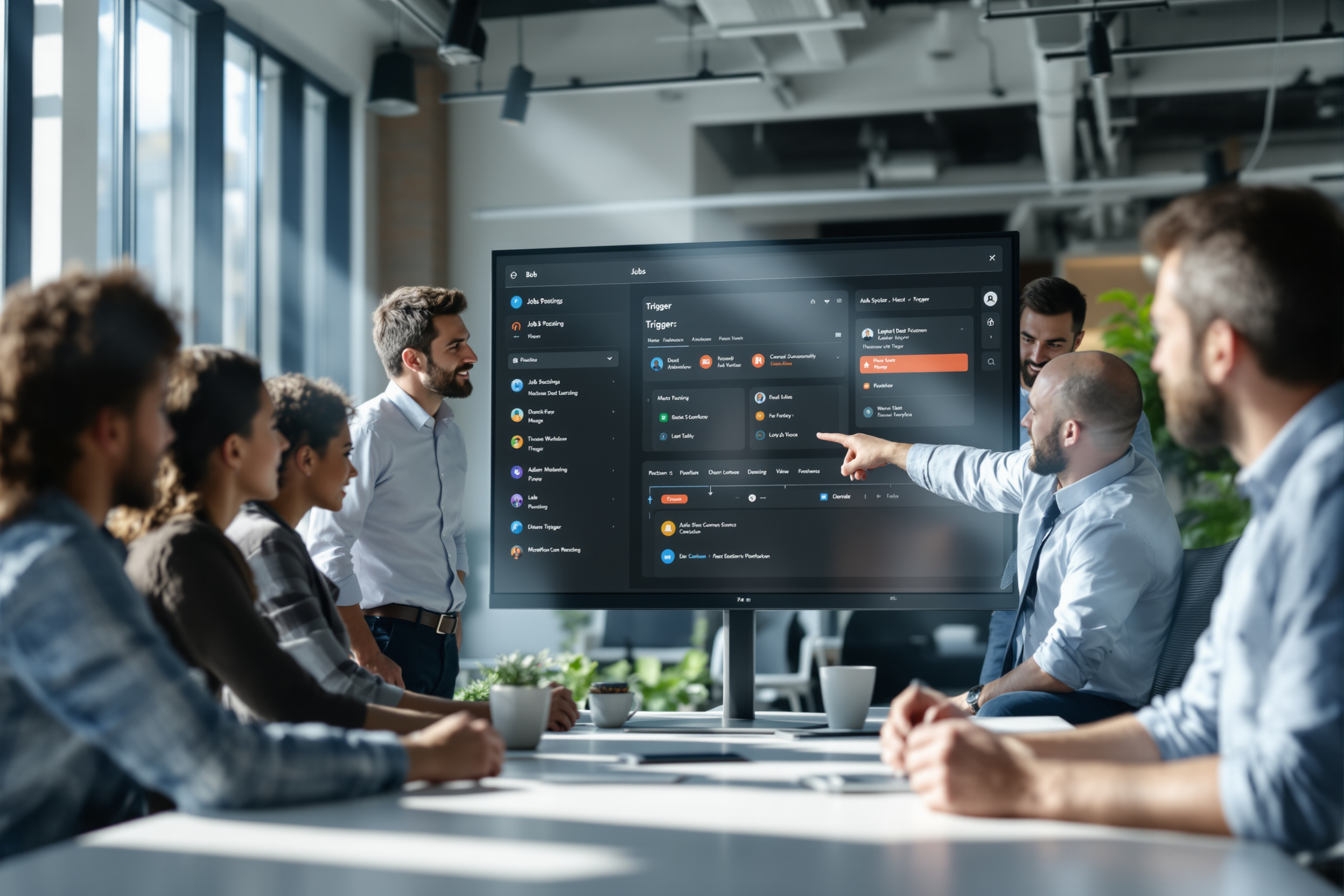 B2B‑Vertriebsteam überwacht Job‑Postings und HubSpot‑Workflows in einem modernen Büro. B2B‑Vertriebsteam überwacht Job‑Postings und HubSpot‑Workflows in einem modernen Büro.