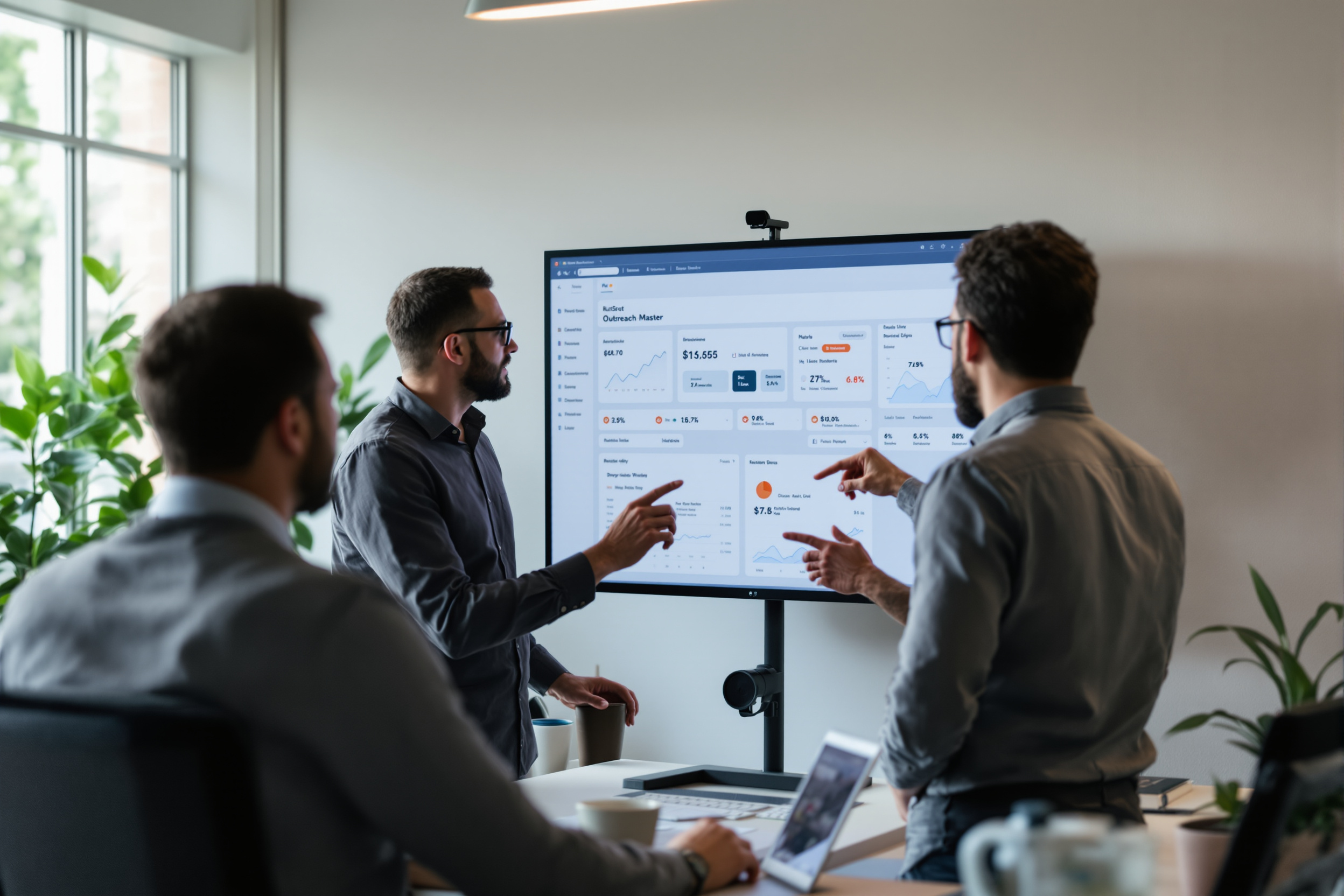 Vertriebsteam prüft HubSpot‑ und Outreach‑Master‑Integrationsdaten in modernem Büro Vertriebsteam prüft HubSpot‑ und Outreach‑Master‑Integrationsdaten in modernem Büro