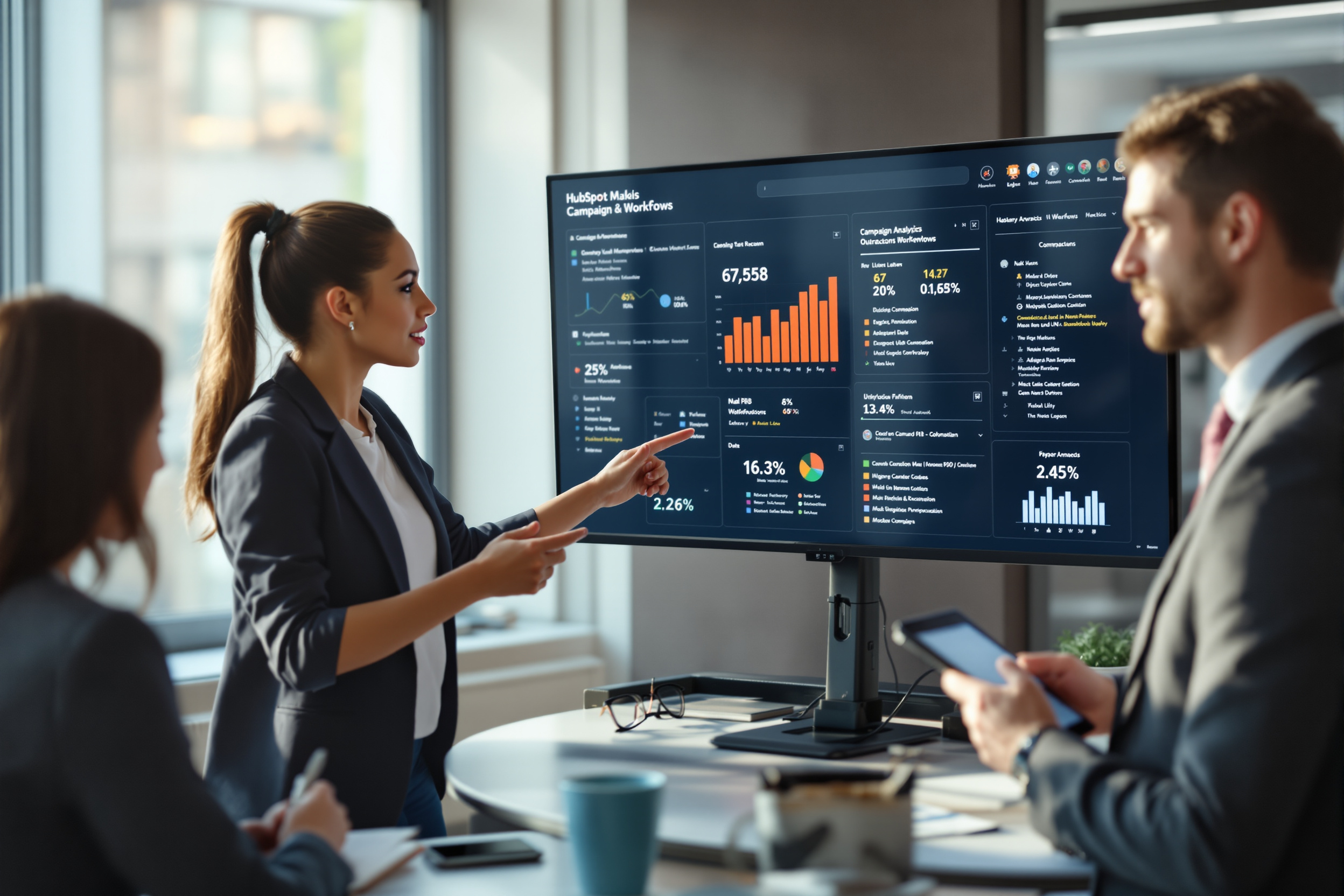 B2B-Vertriebsteam, das an einer HubSpot-Outreach-Strategie in einem modernen Büro arbeitet. B2B-Vertriebsteam, das an einer HubSpot-Outreach-Strategie in einem modernen Büro arbeitet.