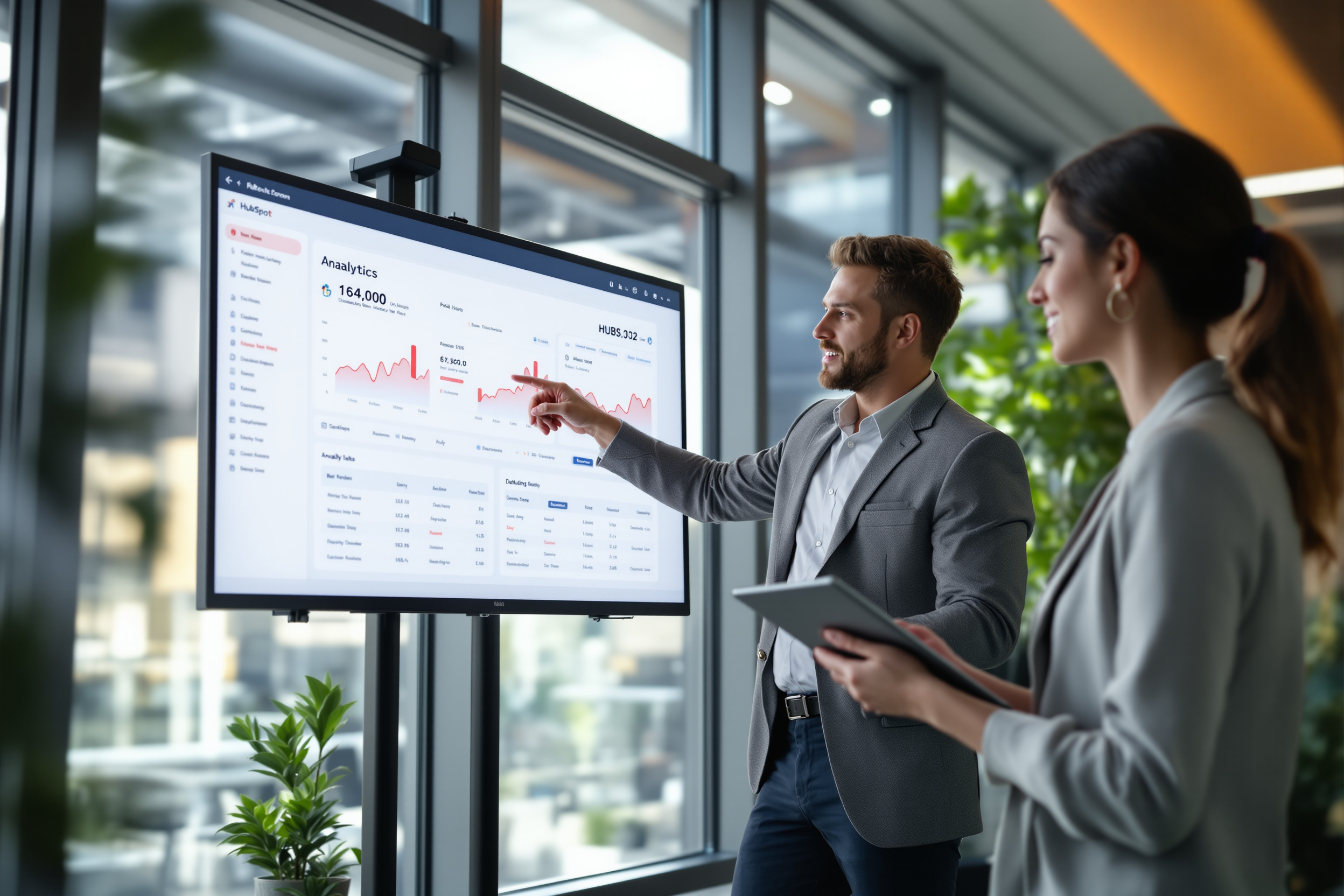 Zwei Fachleute analysieren HubSpot‑Outreach‑Daten in einem modernen Büro Zwei Fachleute analysieren HubSpot‑Outreach‑Daten in einem modernen Büro