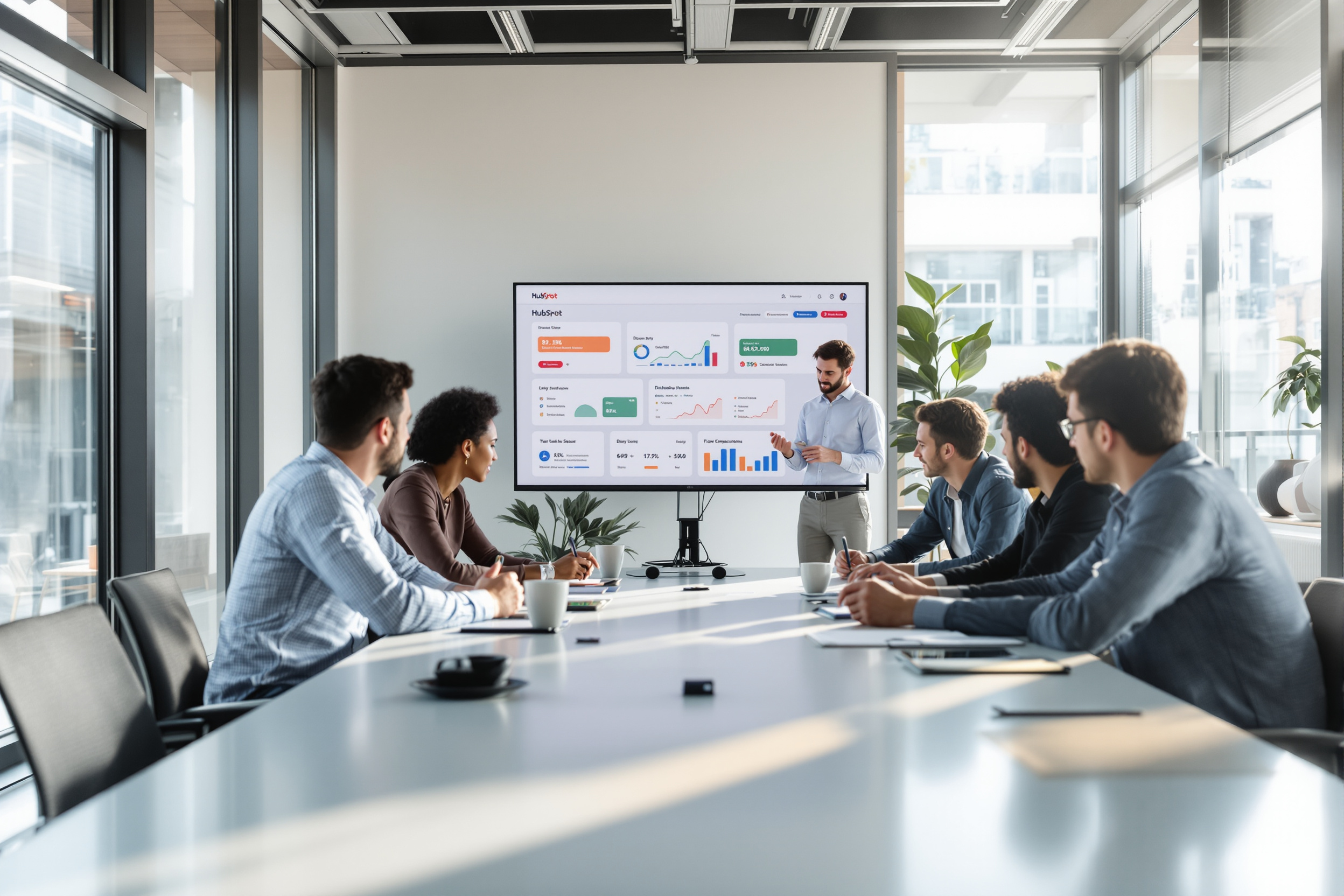 Vertriebsteam prüft gemeinsam HubSpot-Sequenzen in modernem Büro, Fokus auf datengetriebenes Umsatzwachstum. Vertriebsteam prüft gemeinsam HubSpot-Sequenzen in modernem Büro, Fokus auf datengetriebenes Umsatzwachstum.