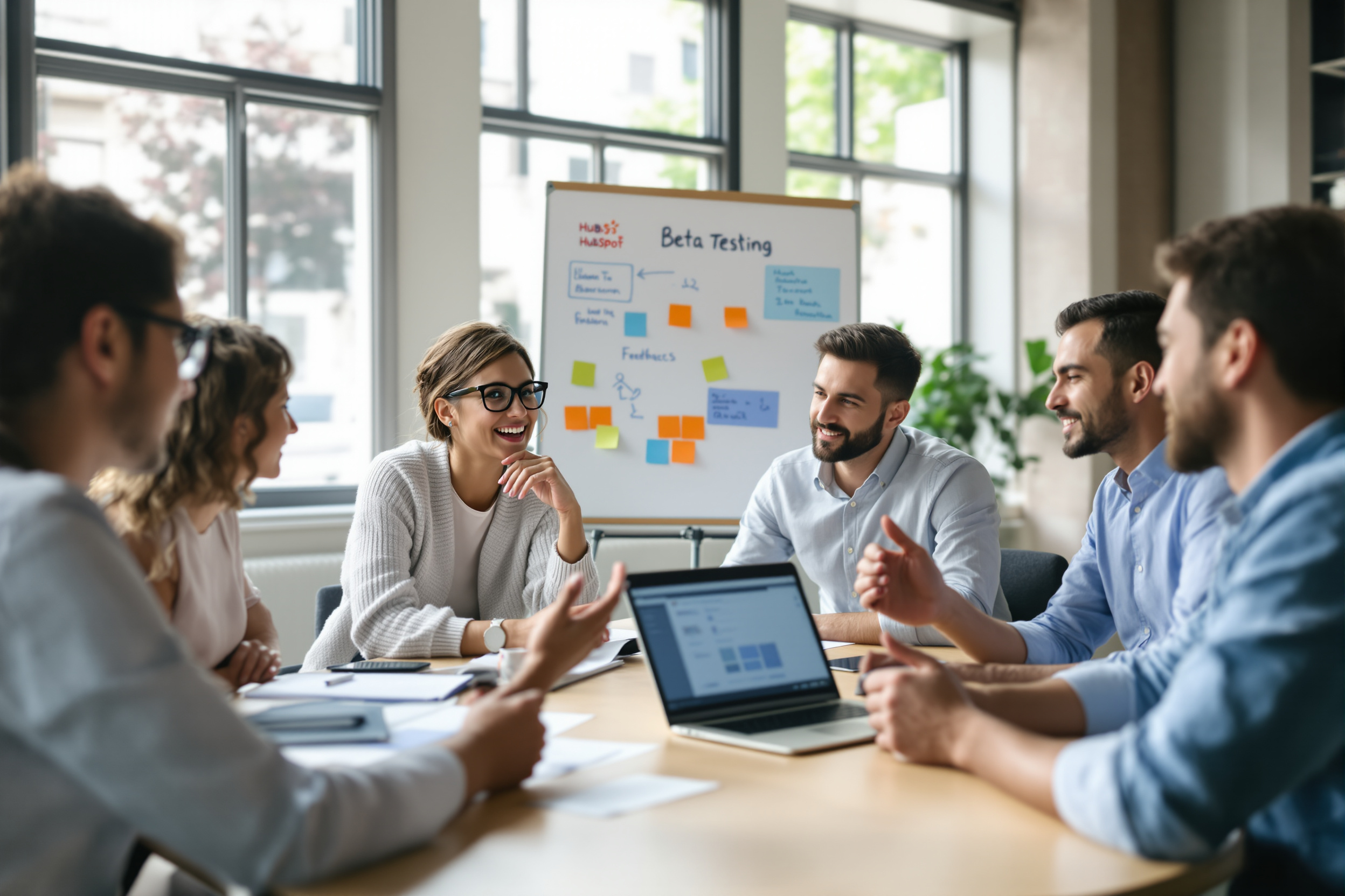 Team diskutiert Beta‑Test‑Feedback mit HubSpot in einem modernen Büro. Team diskutiert Beta‑Test‑Feedback mit HubSpot in einem modernen Büro.