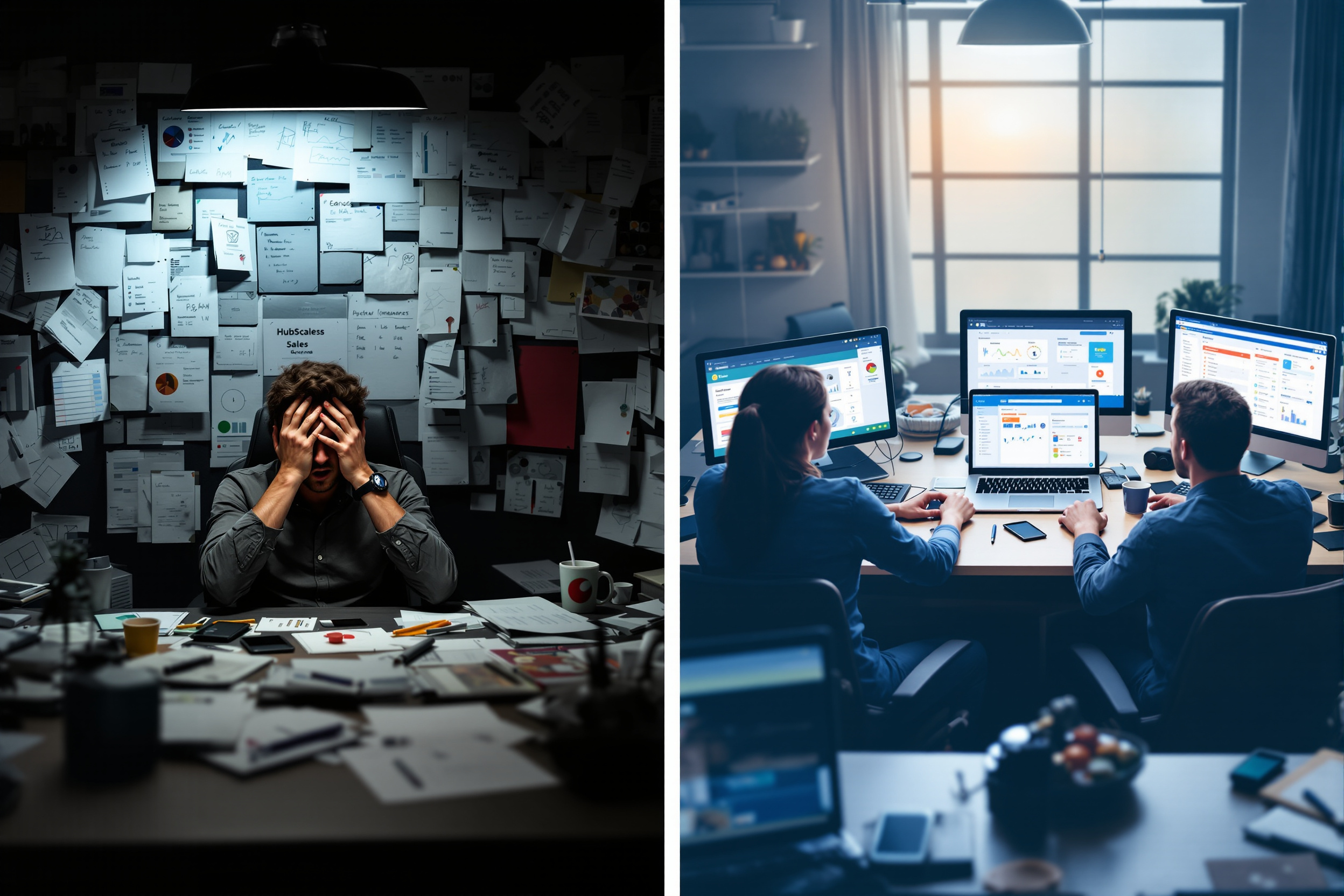 Gegenüberstellung: gestresster Vertriebsmitarbeiter mit nativen HubSpot‑Sequenzen und produktives Team mit Automatisierungs‑Apps. Gegenüberstellung: gestresster Vertriebsmitarbeiter mit nativen HubSpot‑Sequenzen und produktives Team mit Automatisierungs‑Apps.