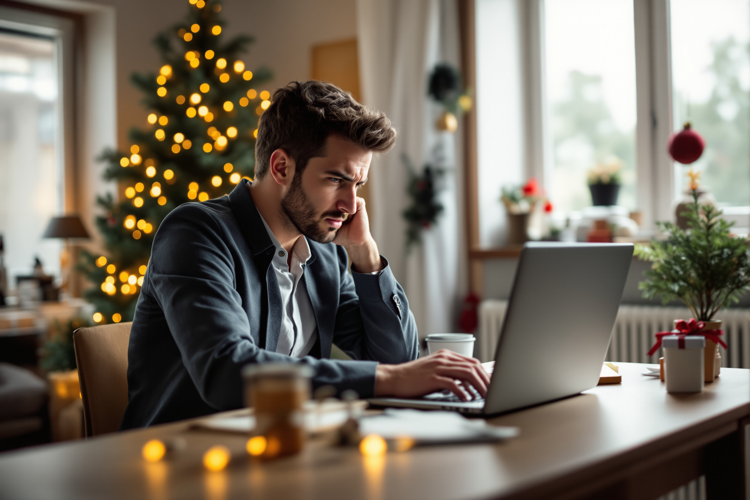 Gestresste Person arbeitet während der Feiertage von zu Hause und nutzt HubSpot, um E‑Mails zu planen. Gestresste Person arbeitet während der Feiertage von zu Hause und nutzt HubSpot, um E‑Mails zu planen.