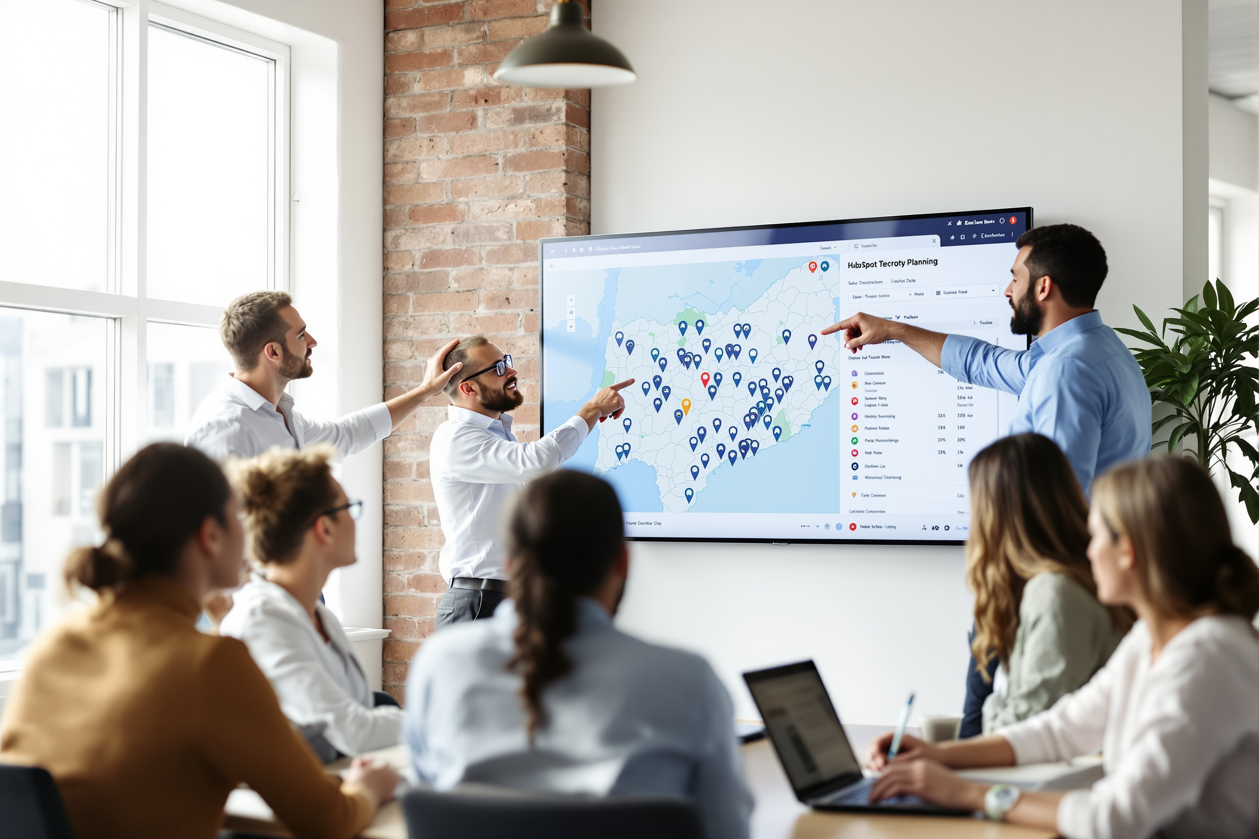 Vertriebsteam bei gemeinsamer Gebietsplanung mit HubSpot und Outreach in modernem Büro. Vertriebsteam bei gemeinsamer Gebietsplanung mit HubSpot und Outreach in modernem Büro.