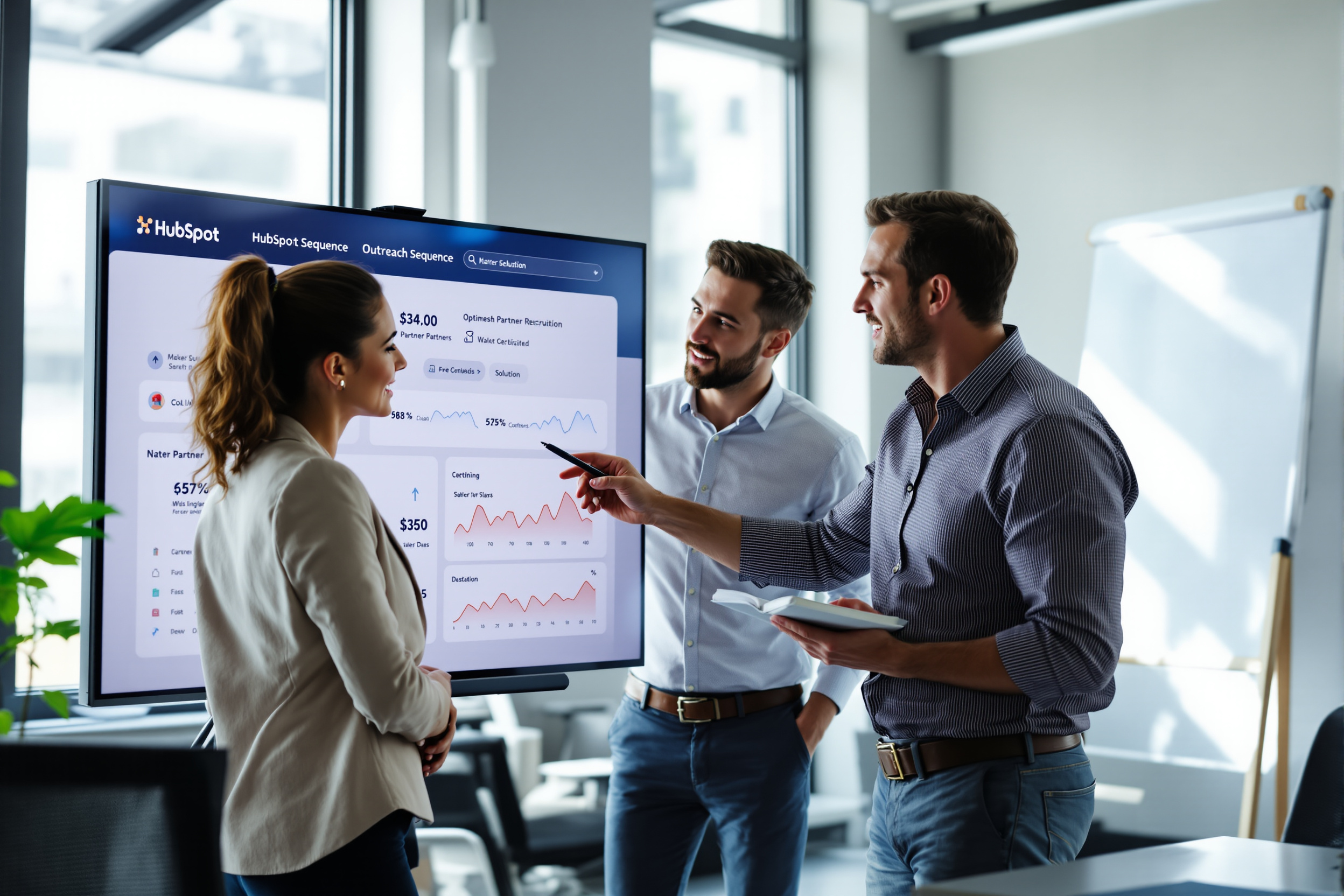 B2B‑Vertriebsteam analysiert HubSpot‑Outreach‑Sequenzdaten zur Partnergewinnung in modernem Büro. B2B‑Vertriebsteam analysiert HubSpot‑Outreach‑Sequenzdaten zur Partnergewinnung in modernem Büro.