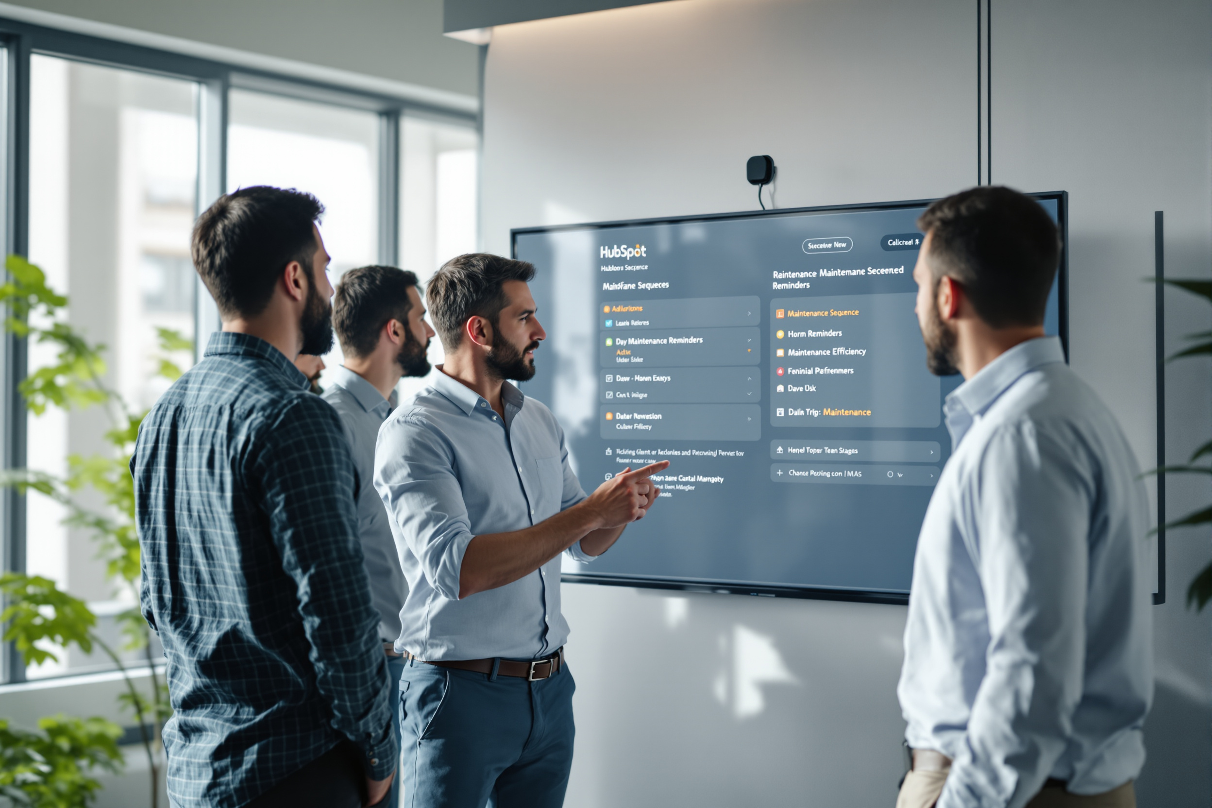 Vertriebsteam prüft HubSpot-Sequenz-Wartungserinnerungen in modernem Büro. Vertriebsteam prüft HubSpot-Sequenz-Wartungserinnerungen in modernem Büro.