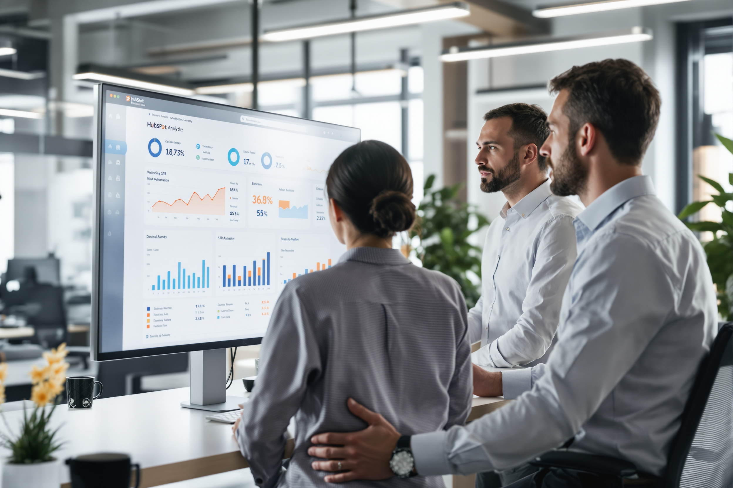 Vertriebsleiter und SDR‑Team prüfen HubSpot‑Dashboard zur Anzeige von Automatisierung und Effizienzsteigerung Vertriebsleiter und SDR‑Team prüfen HubSpot‑Dashboard zur Anzeige von Automatisierung und Effizienzsteigerung