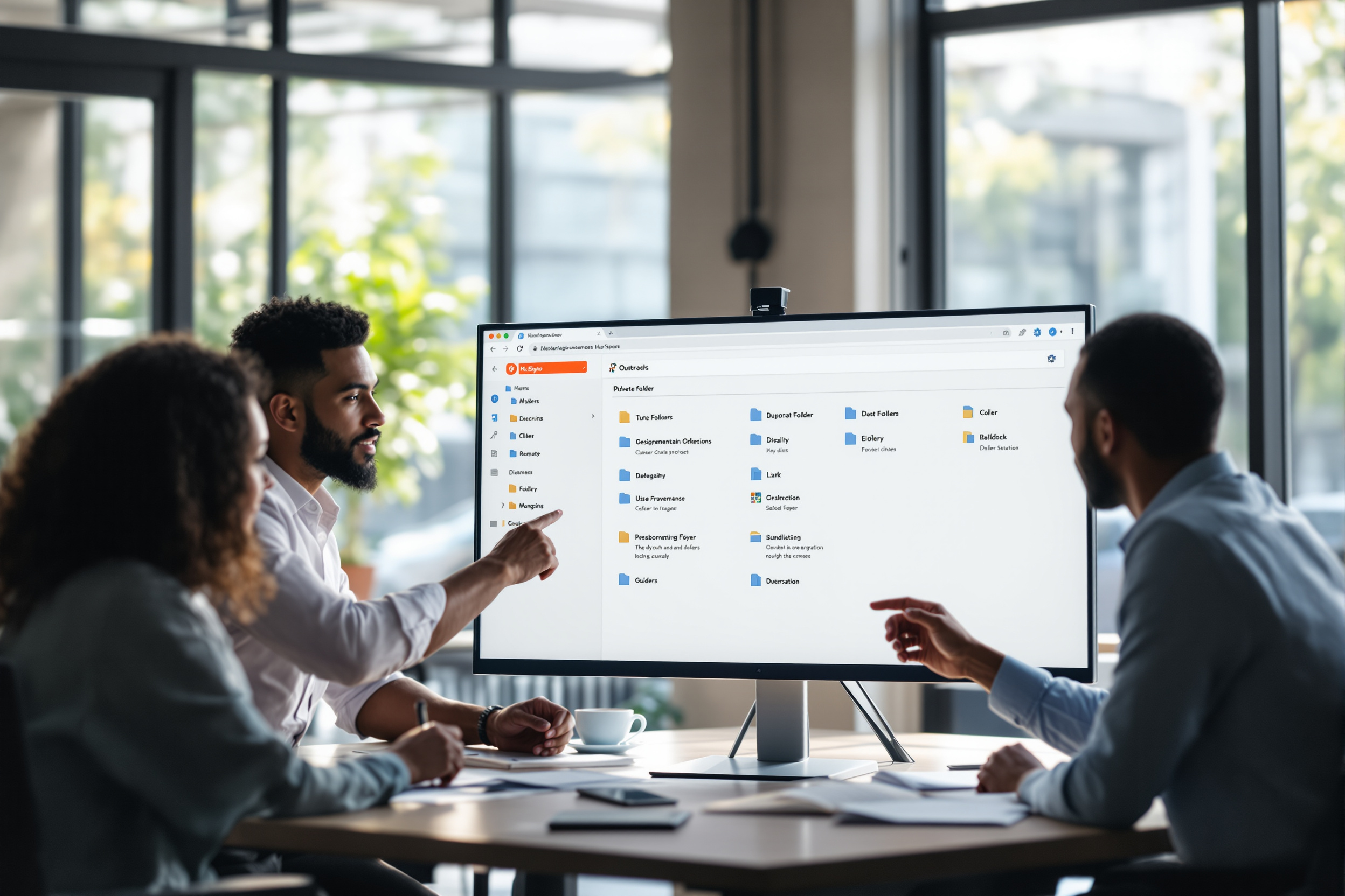 Vertriebsteam vor Monitor mit klar strukturierter HubSpot‑Outreach‑Ordnerstruktur Vertriebsteam vor Monitor mit klar strukturierter HubSpot‑Outreach‑Ordnerstruktur
