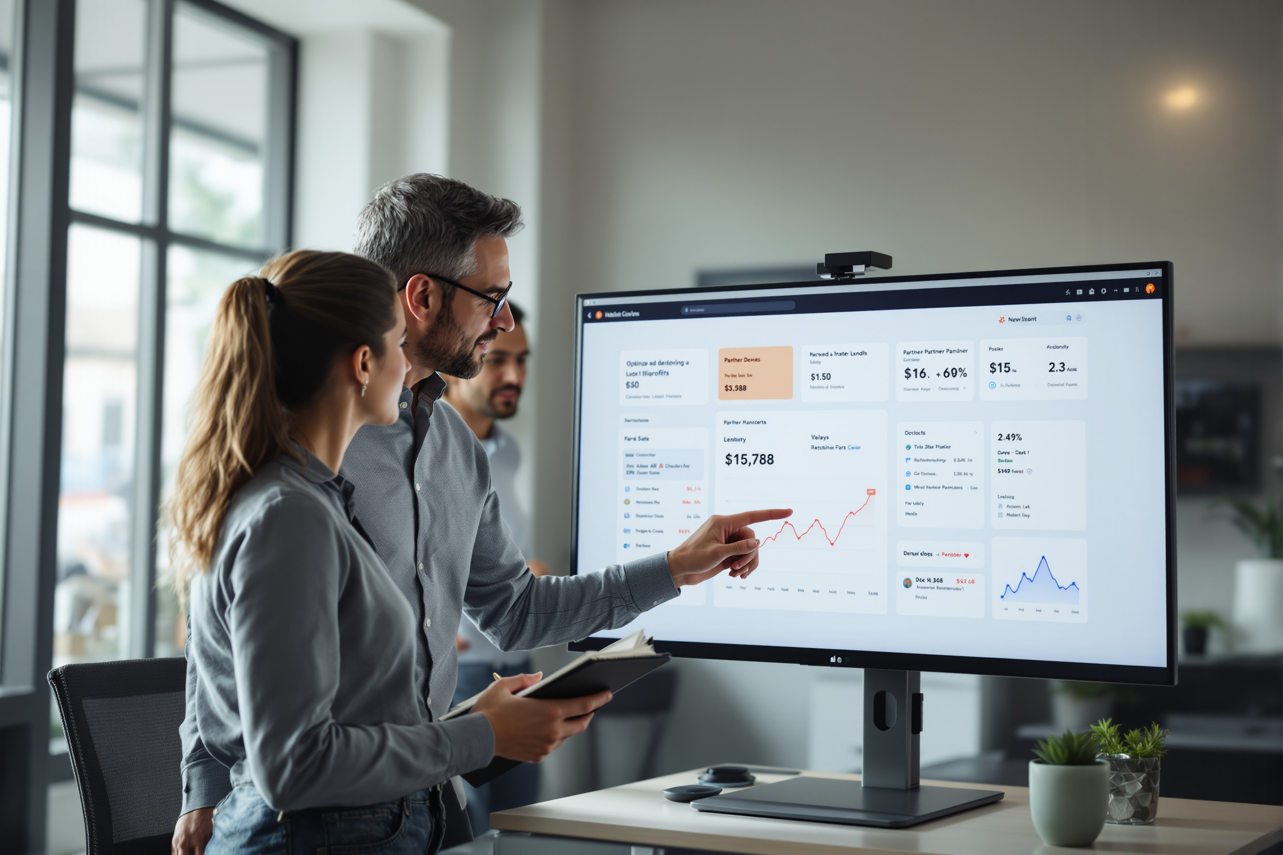Zwei Fachleute arbeiten an einem HubSpot-Dashboard in einem modernen Büro und optimieren Partner-Handoffs. Zwei Fachleute arbeiten an einem HubSpot-Dashboard in einem modernen Büro und optimieren Partner-Handoffs.