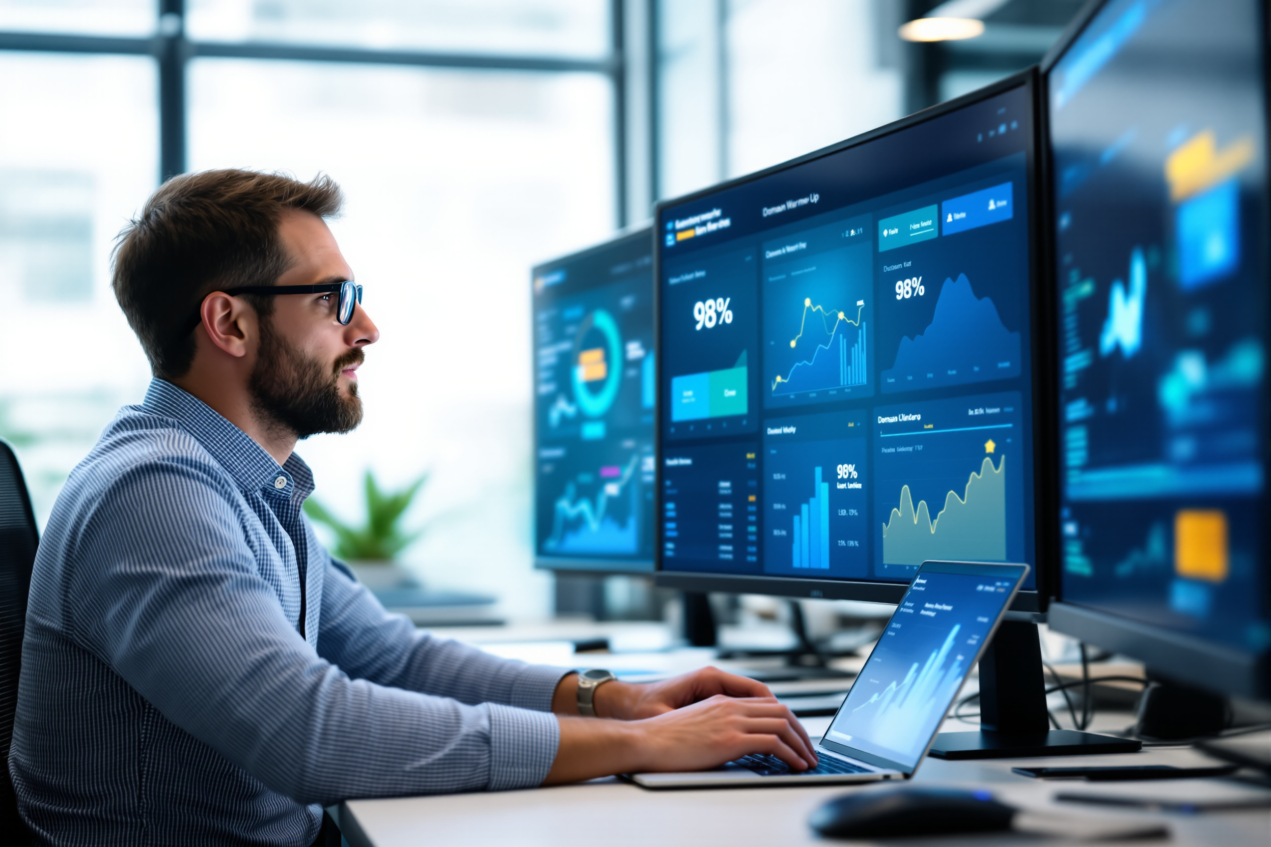 IT‑Spezialist analysiert Dashboard zur Domain‑Warmup‑Performance mit 98 % Zustellrate. IT‑Spezialist analysiert Dashboard zur Domain‑Warmup‑Performance mit 98 % Zustellrate.
