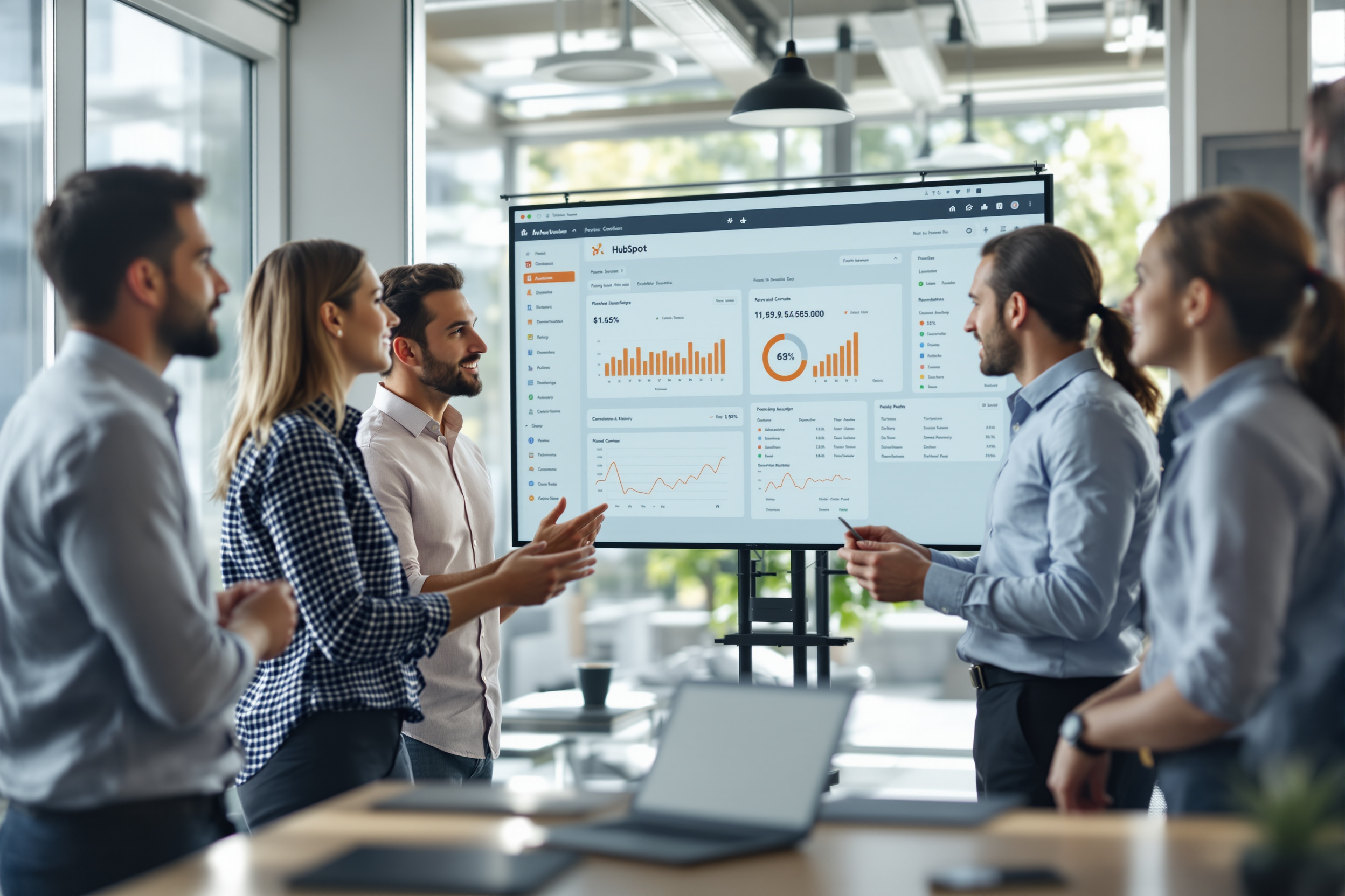 Geschäftsleute analysieren gemeinsam ein HubSpot‑Dashboard und planen Umsatzwachstum Geschäftsleute analysieren gemeinsam ein HubSpot‑Dashboard und planen Umsatzwachstum